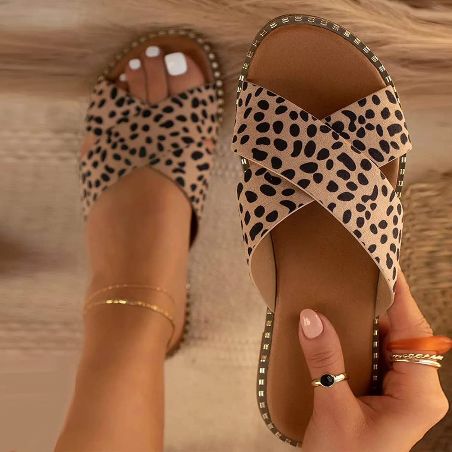 oiangi Slide Sandals Women Studded Flats Summer Casual Open Toe Slip-On Mule Crossed Strap Slipper Comfortable Ladies Shoes