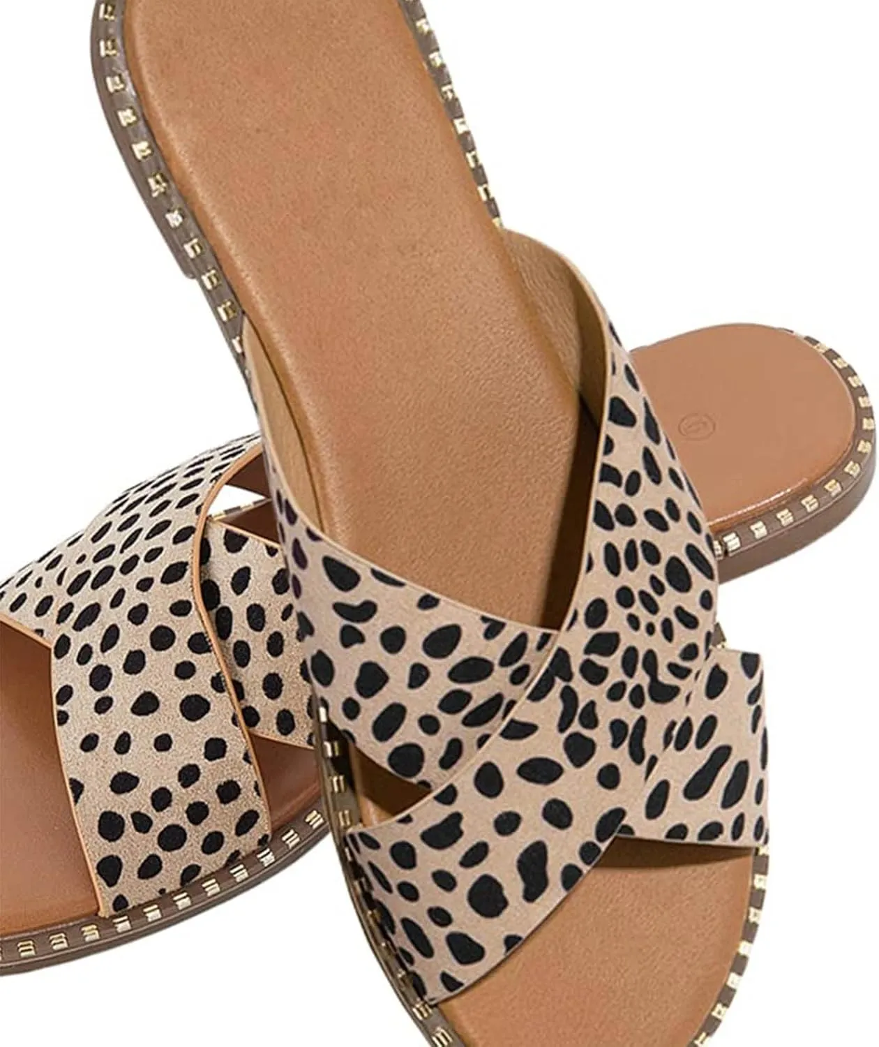 oiangi Slide Sandals Women Studded Flats Summer Casual Open Toe Slip-On Mule Crossed Strap Slipper Comfortable Ladies Shoes