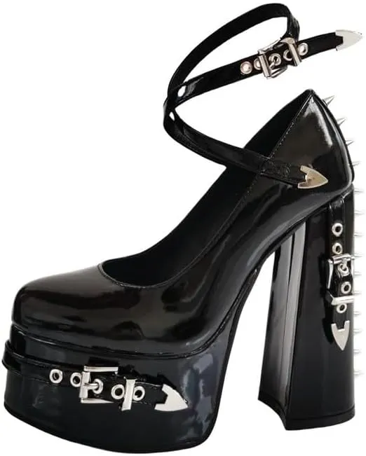 onlymaker Close Toe Chunky Heeled Platform Mary Jane Pumps for Women Cross Buckle up Strappy Rivet Studded Party Shoes