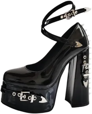 onlymaker Close Toe Chunky Heeled Platform Mary Jane Pumps for Women Cross Buckle up Strappy Rivet Studded Party Shoes