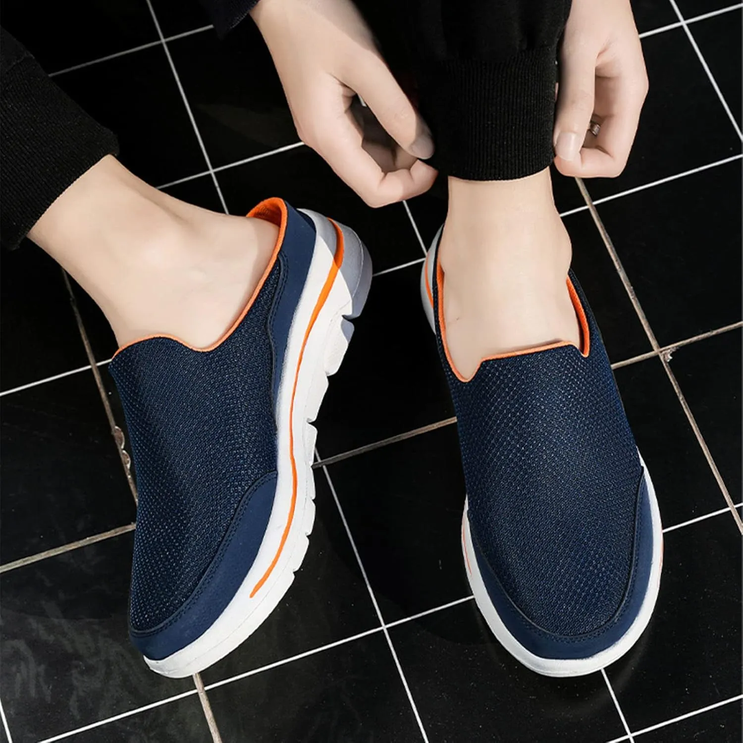 ORNVEION Men'S Mesh Knit Slip-On Platform Mules with Arch Support,Fashion Backless Soft Lightweight Half Sports Shoes Breathable Non-Slip Walking Slippers