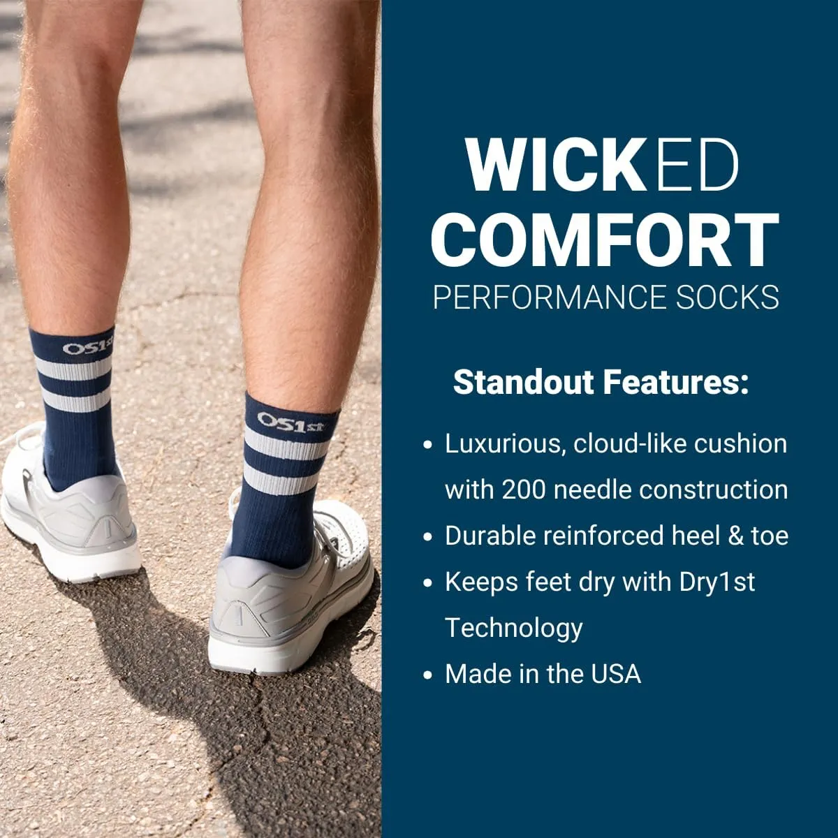 OS1st Wicked Comfort Crew Socks with light compression for maximum cushion, blister protection and breathable fabric