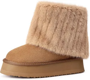 Pasuot Platform Fur Boots for Women - Genuine Cow Suede Platform Furry Faux Fur Boots, Fuzzy Fleece Lined Ankle Boots, Warm Winter Classic Short Mini Bootie for Indoor Outdoor, Anti-slip Sole