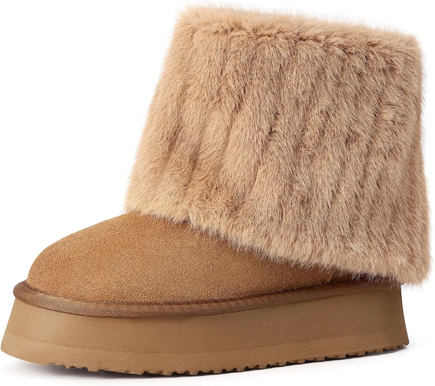 Pasuot Platform Fur Boots for Women - Genuine Cow Suede Platform Furry Faux Fur Boots, Fuzzy Fleece Lined Ankle Boots, Warm Winter Classic Short Mini Bootie for Indoor Outdoor, Anti-slip Sole