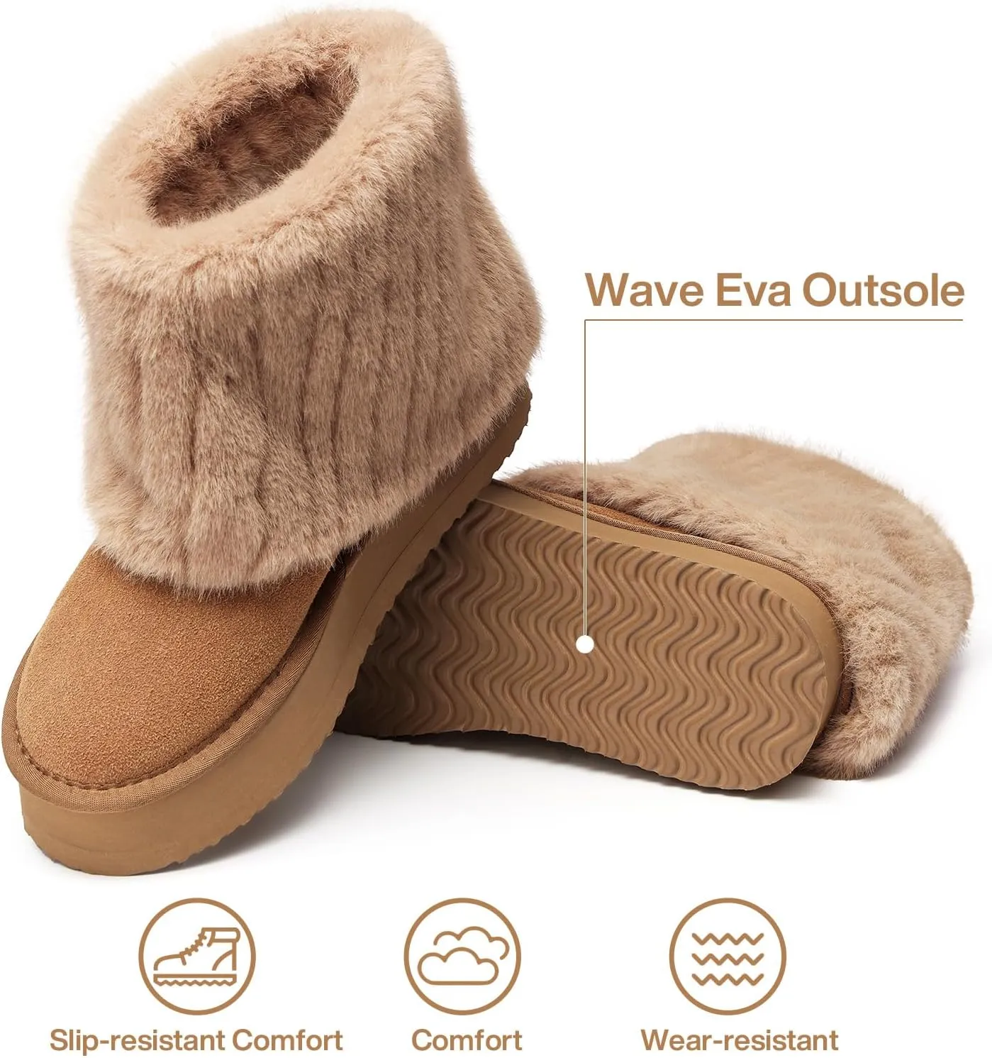 Pasuot Platform Fur Boots for Women - Genuine Cow Suede Platform Furry Faux Fur Boots, Fuzzy Fleece Lined Ankle Boots, Warm Winter Classic Short Mini Bootie for Indoor Outdoor, Anti-slip Sole