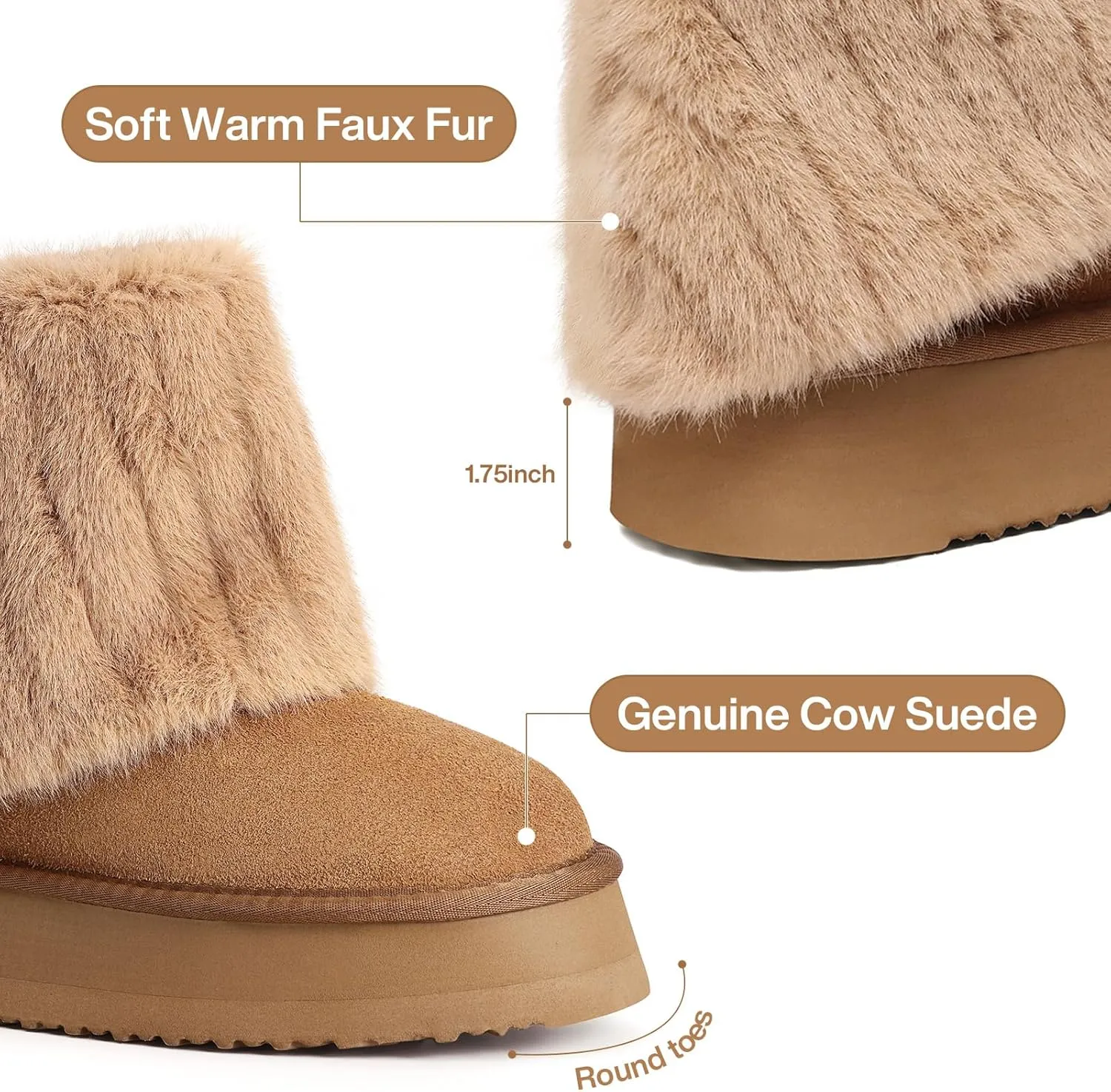 Pasuot Platform Fur Boots for Women - Genuine Cow Suede Platform Furry Faux Fur Boots, Fuzzy Fleece Lined Ankle Boots, Warm Winter Classic Short Mini Bootie for Indoor Outdoor, Anti-slip Sole