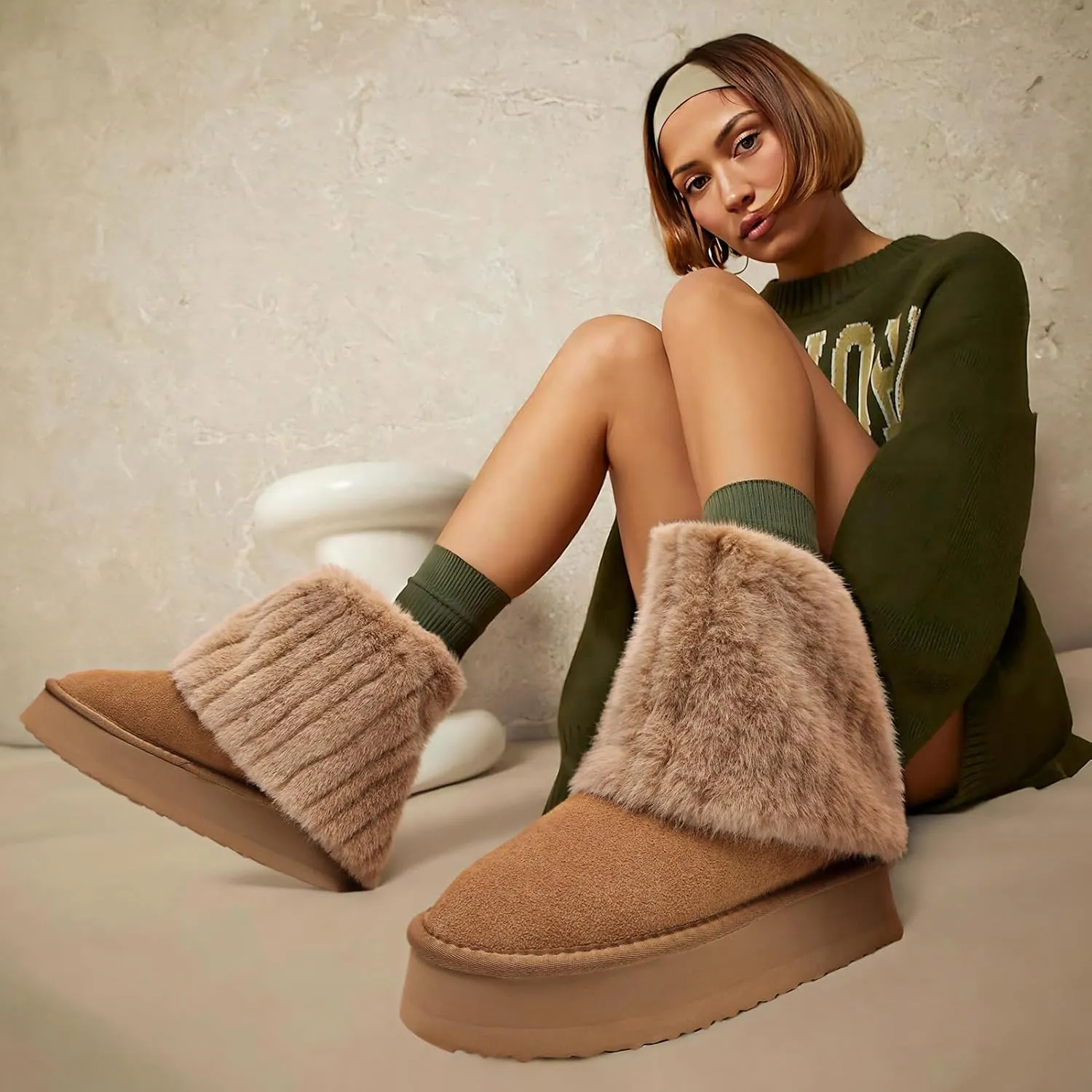 Pasuot Platform Fur Boots for Women - Genuine Cow Suede Platform Furry Faux Fur Boots, Fuzzy Fleece Lined Ankle Boots, Warm Winter Classic Short Mini Bootie for Indoor Outdoor, Anti-slip Sole