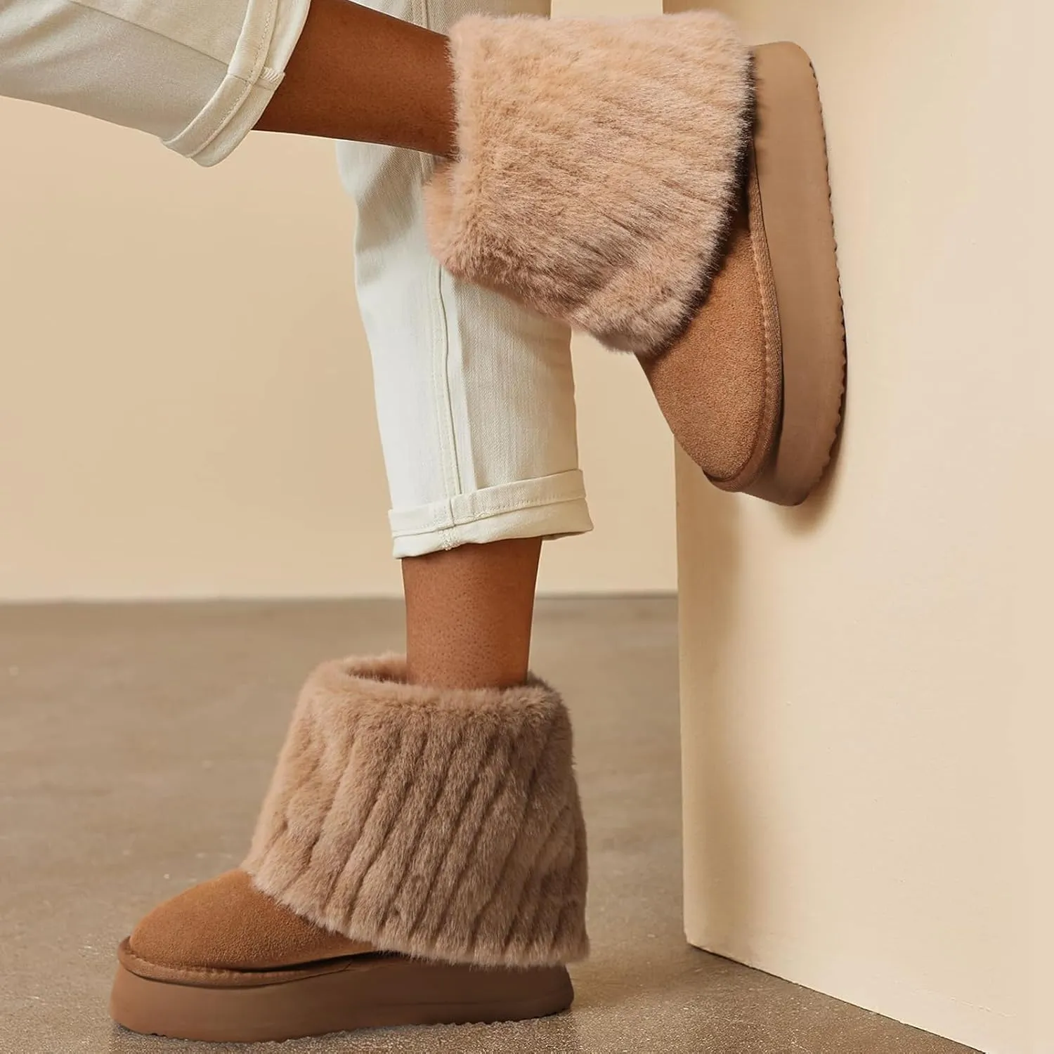 Pasuot Platform Fur Boots for Women - Genuine Cow Suede Platform Furry Faux Fur Boots, Fuzzy Fleece Lined Ankle Boots, Warm Winter Classic Short Mini Bootie for Indoor Outdoor, Anti-slip Sole