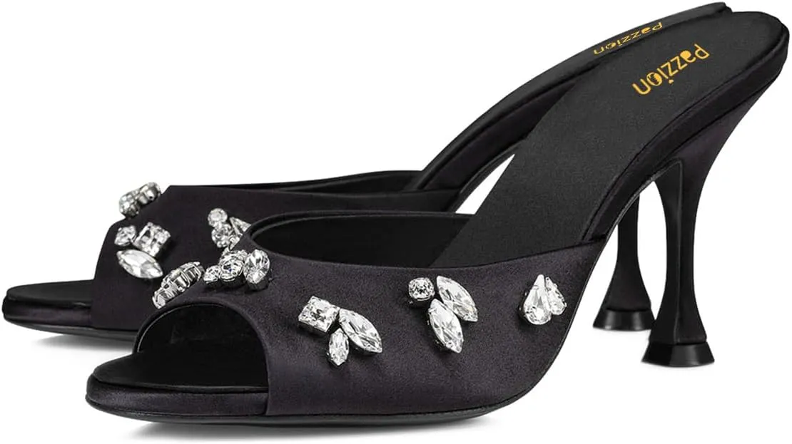 Pazzion Women Open Toe High Heel Mules Crystal Strass Slip On Summer Party Slides Sandals Dress Shoes Size 4-16 US