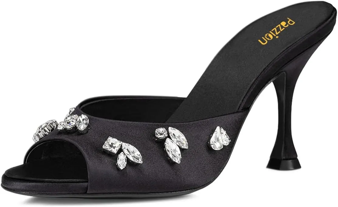 Pazzion Women Open Toe High Heel Mules Crystal Strass Slip On Summer Party Slides Sandals Dress Shoes Size 4-16 US