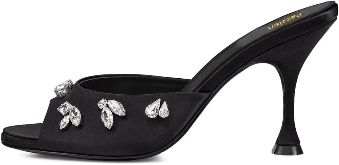 Pazzion Women Open Toe High Heel Mules Crystal Strass Slip On Summer Party Slides Sandals Dress Shoes Size 4-16 US