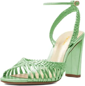 Pazzion Women's Chic Open Round Toe Braid Sandals Ankle Strap Buckle Thick High Heels Spring Summer Dress Party Shoes Size 4-16 US