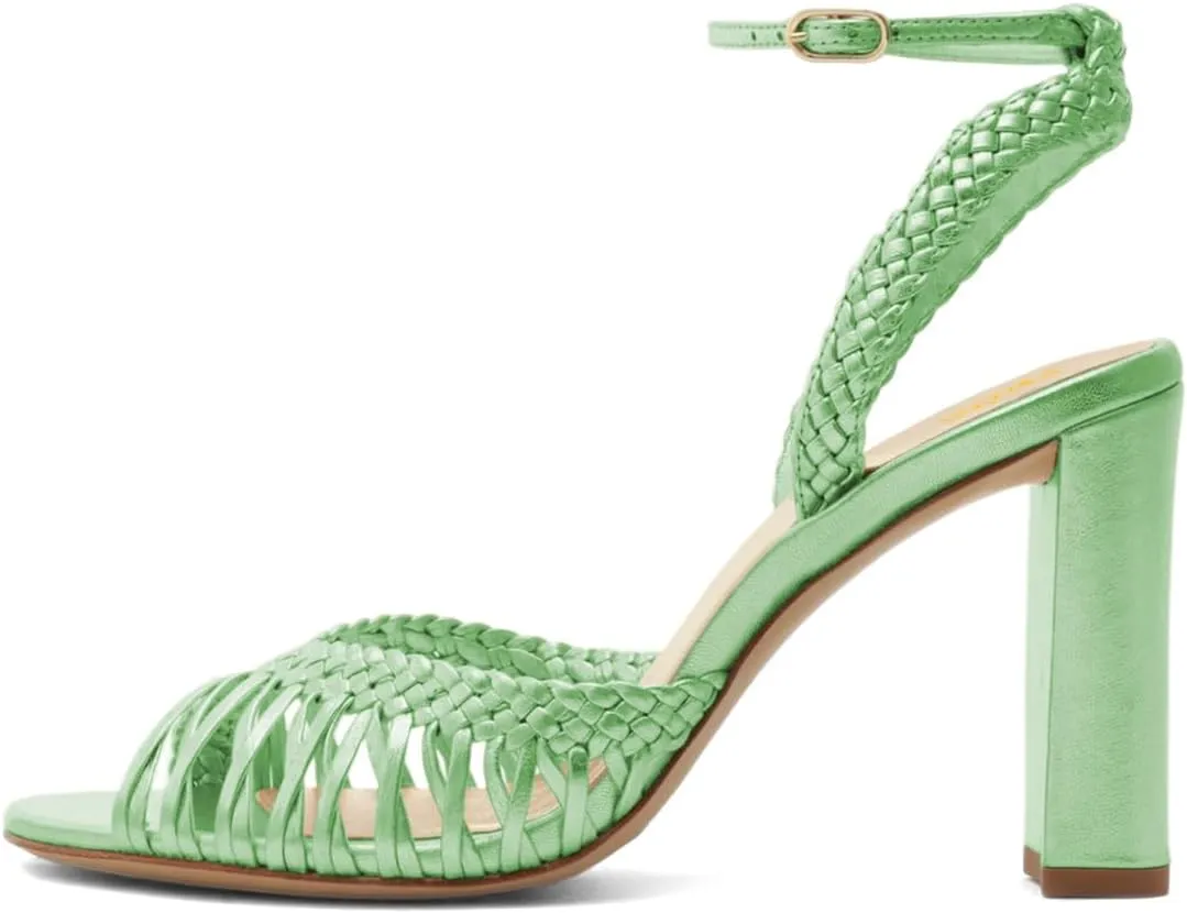 Pazzion Women's Chic Open Round Toe Braid Sandals Ankle Strap Buckle Thick High Heels Spring Summer Dress Party Shoes Size 4-16 US