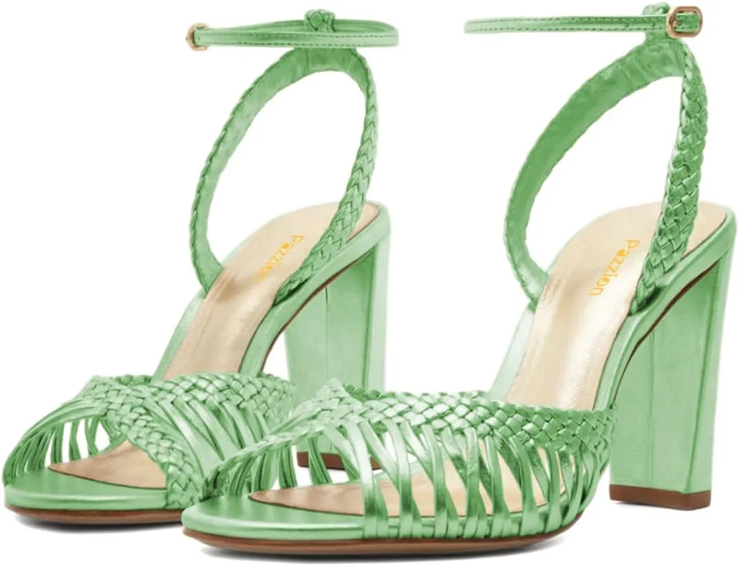 Pazzion Women's Chic Open Round Toe Braid Sandals Ankle Strap Buckle Thick High Heels Spring Summer Dress Party Shoes Size 4-16 US