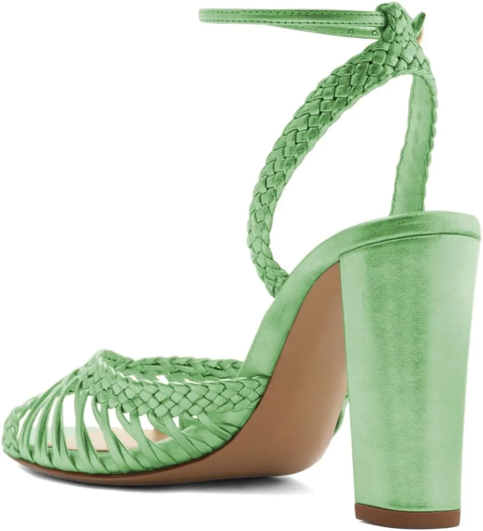 Pazzion Women's Chic Open Round Toe Braid Sandals Ankle Strap Buckle Thick High Heels Spring Summer Dress Party Shoes Size 4-16 US