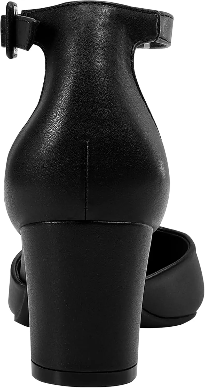 PIZZ ANNU Women's Gilaa Closed Toe Low Chunky Heels Pumps Ankle Strap Wedding Business Round Toe Block Dress Shoes