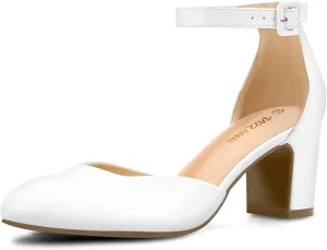 PIZZ ANNU Women's Gilaa Closed Toe Low Chunky Heels Pumps Ankle Strap Wedding Business Round Toe Block Dress Shoes