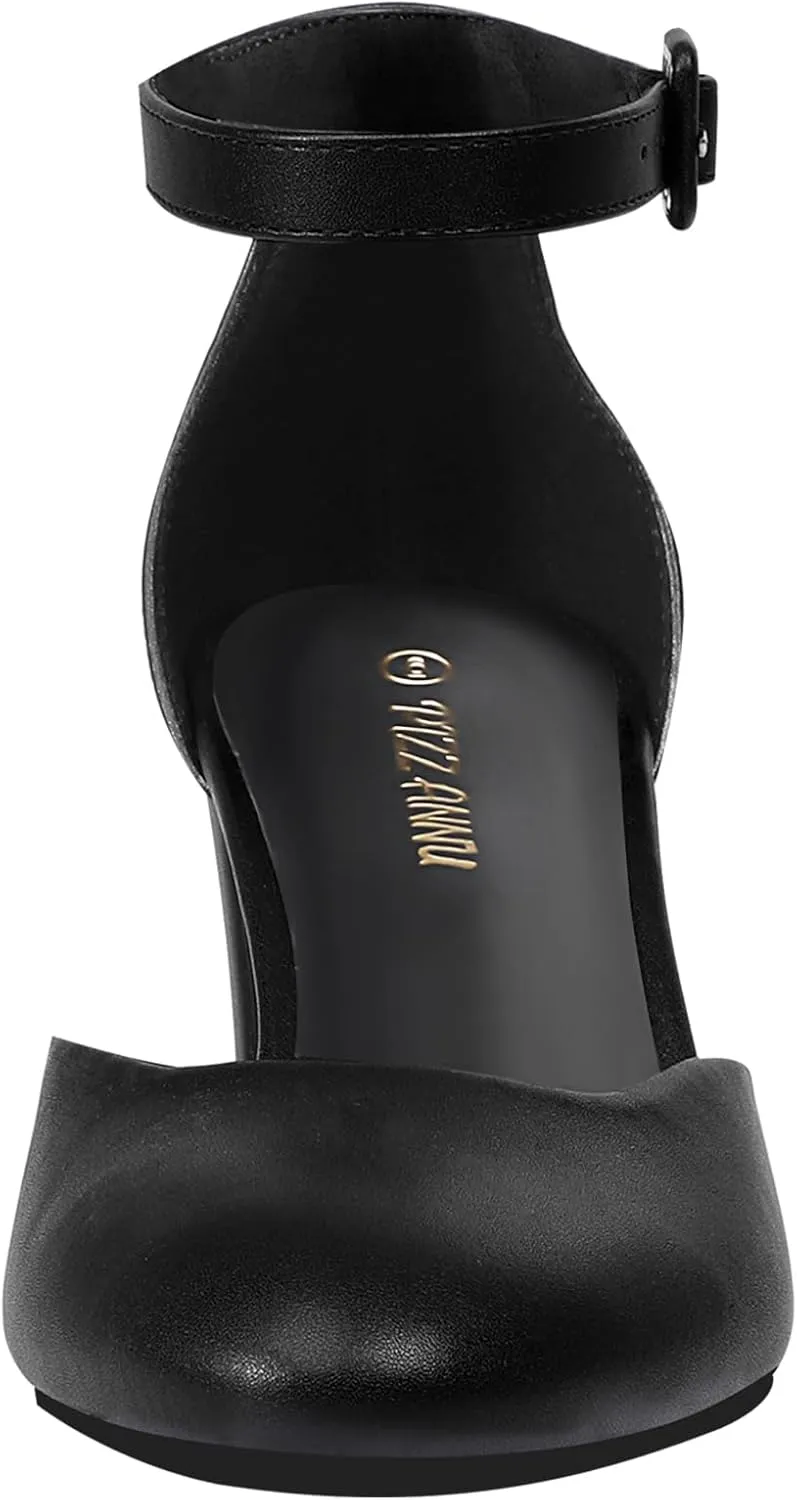PIZZ ANNU Women's Gilaa Closed Toe Low Chunky Heels Pumps Ankle Strap Wedding Business Round Toe Block Dress Shoes