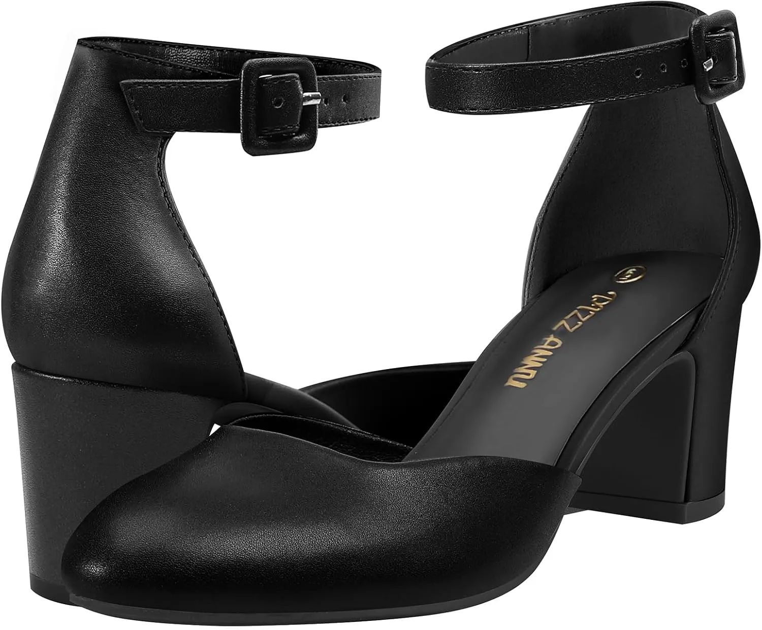 PIZZ ANNU Women's Gilaa Closed Toe Low Chunky Heels Pumps Ankle Strap Wedding Business Round Toe Block Dress Shoes
