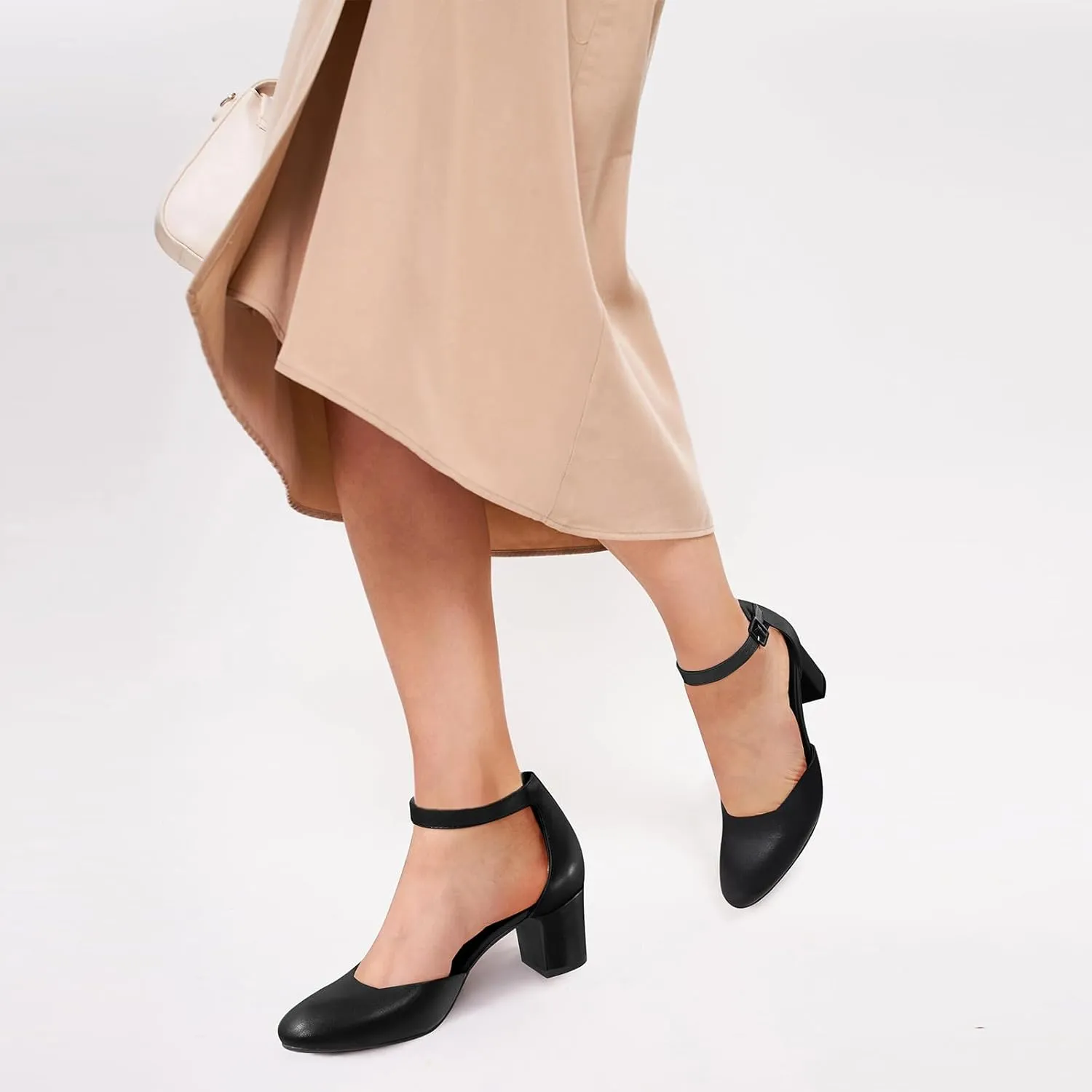 PIZZ ANNU Women's Gilaa Closed Toe Low Chunky Heels Pumps Ankle Strap Wedding Business Round Toe Block Dress Shoes