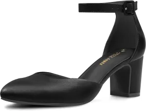 PIZZ ANNU Women's Gilaa Closed Toe Low Chunky Heels Pumps Ankle Strap Wedding Business Round Toe Block Dress Shoes