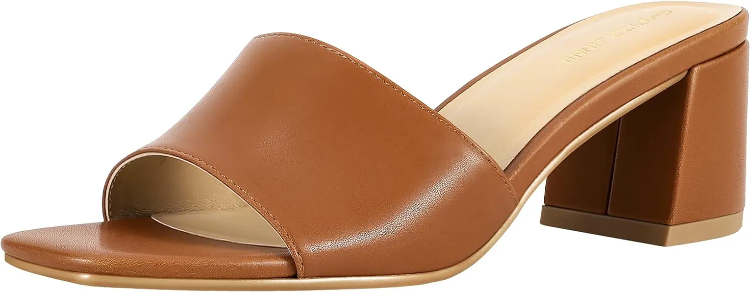 PIZZ ANNU Women's Square Open Toe Heels Sandals Low Block Chunky Heeled Sandal Slip on Mules Comfortable Casual Dress Pumps Shoes