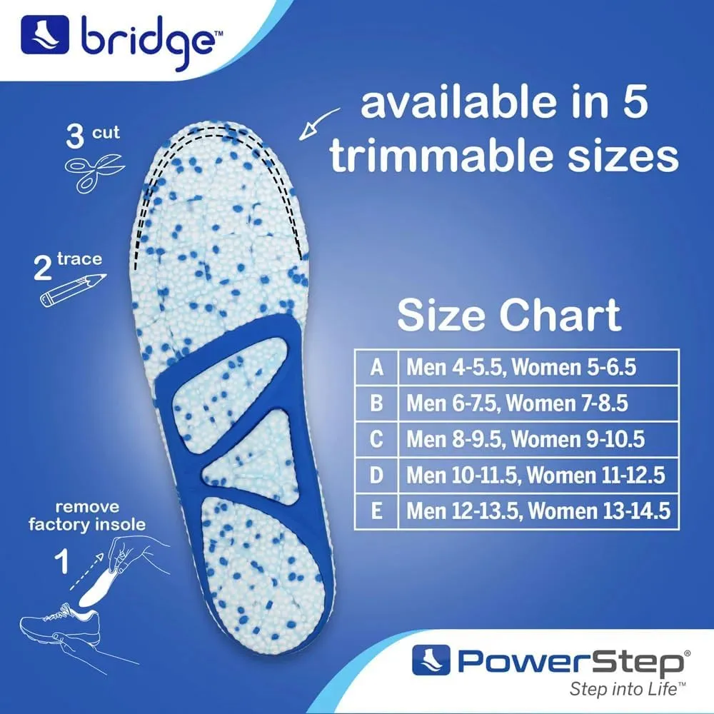 PowerStep Bridge- Flexible Arch Insoles, Comfort Memory Foam Insert, Plantar Fasciitis Pain Relief, Adaptable Arch Support Neutral