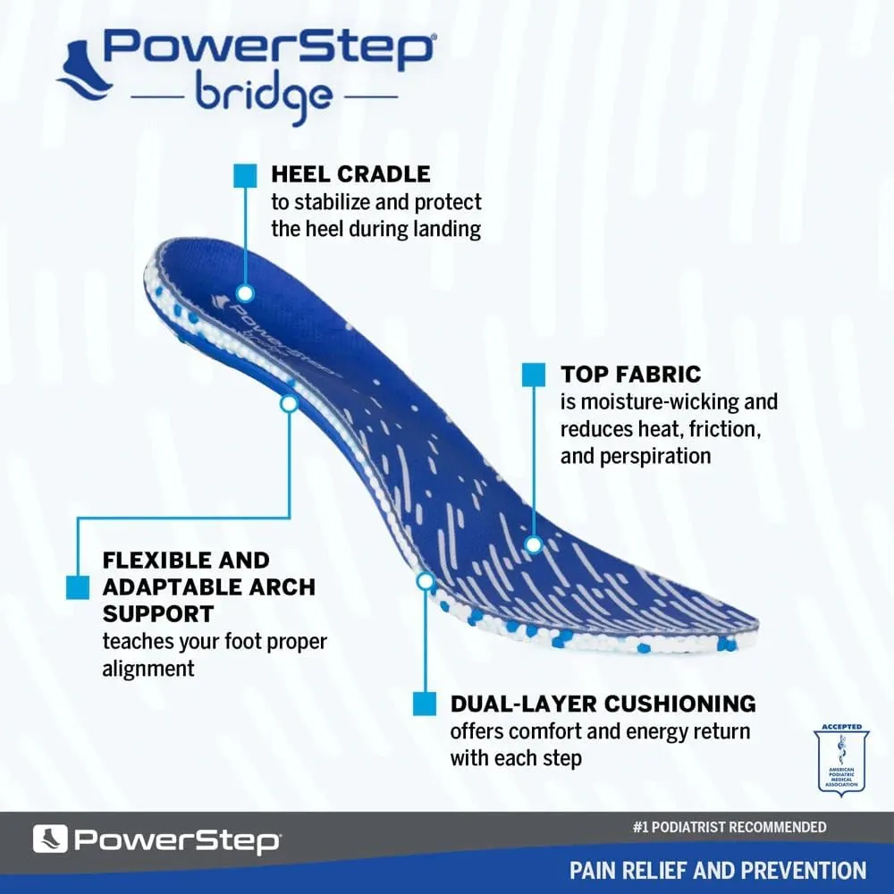 PowerStep Bridge- Flexible Arch Insoles, Comfort Memory Foam Insert, Plantar Fasciitis Pain Relief, Adaptable Arch Support Neutral