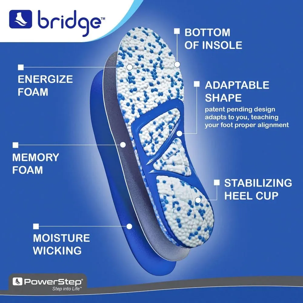 PowerStep Bridge- Flexible Arch Insoles, Comfort Memory Foam Insert, Plantar Fasciitis Pain Relief, Adaptable Arch Support Neutral