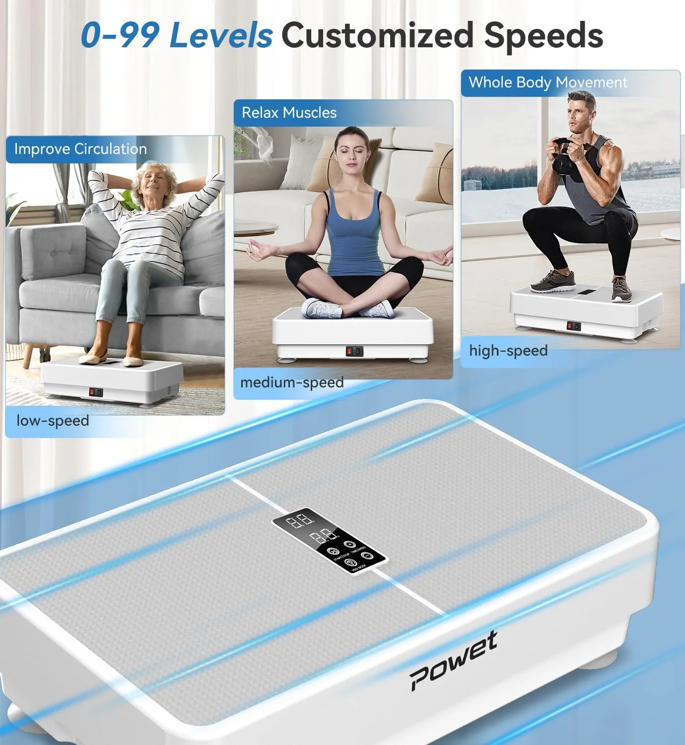 POWET Vibration Plate Exercise Machine for Weight Loss, Woukout & Lymphatic Drainage – Whole Body Vibrating with 99 Speed Levels & 5 Pre-Set Modes – Supports Up to 400lbs, Ideal for Home Use