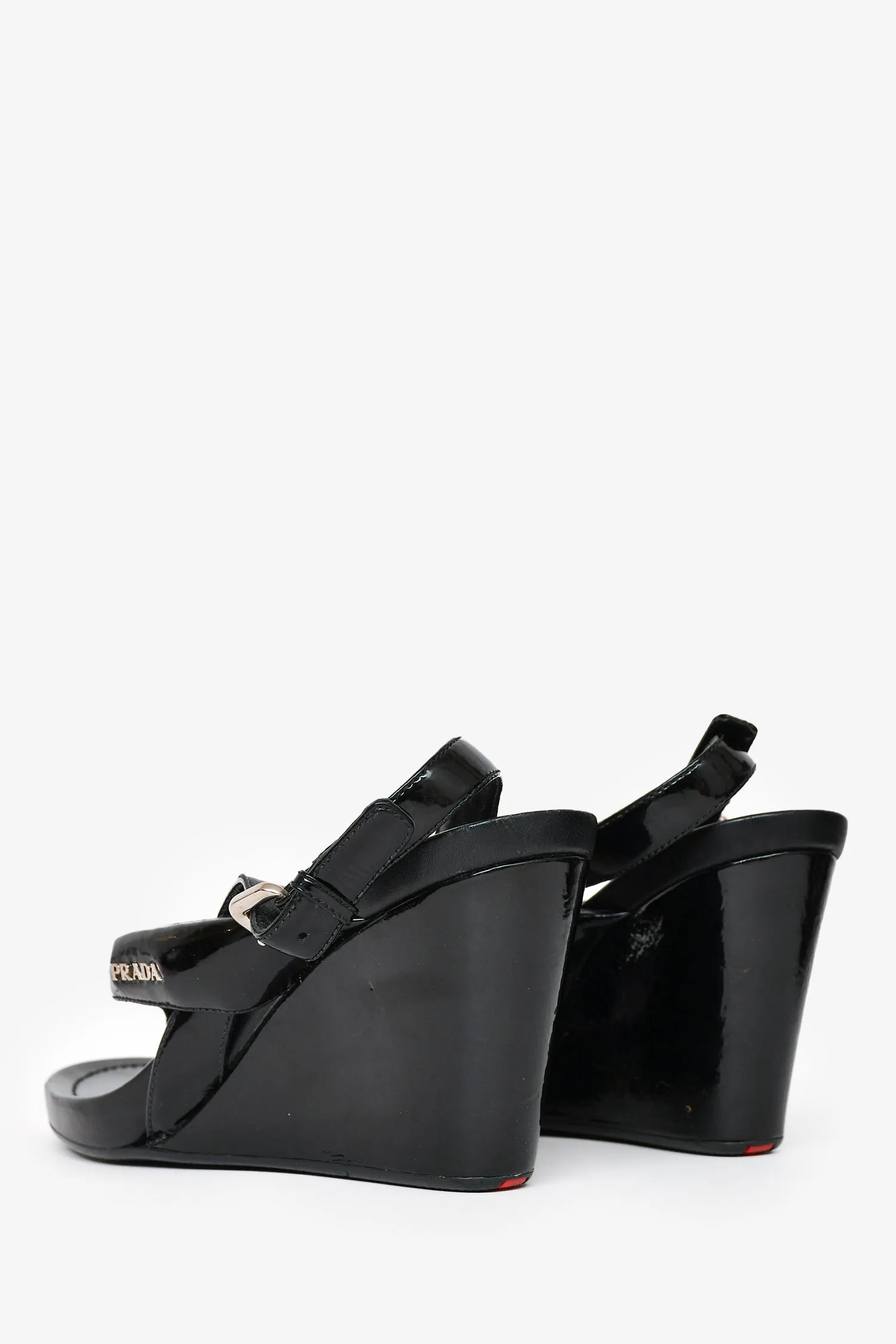Prada Black Patent Leather Wedged Sandals Size 41