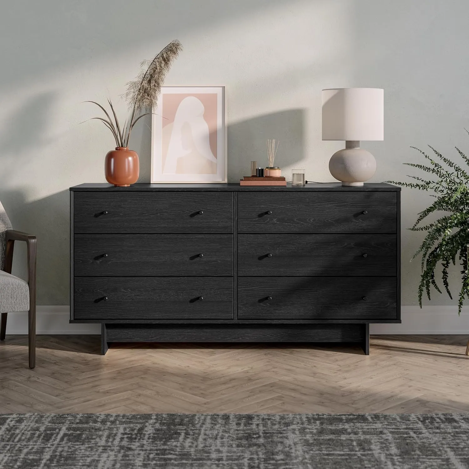 Prepac Finnley 6-Drawer Dresser in Black Oak, Dresser for Bedroom, Extra-Wide Chest of Drawers with Storage, Modern Clothing Organizer for Home, Bedroom, Living Room, 16" D x 61" W x 31" H