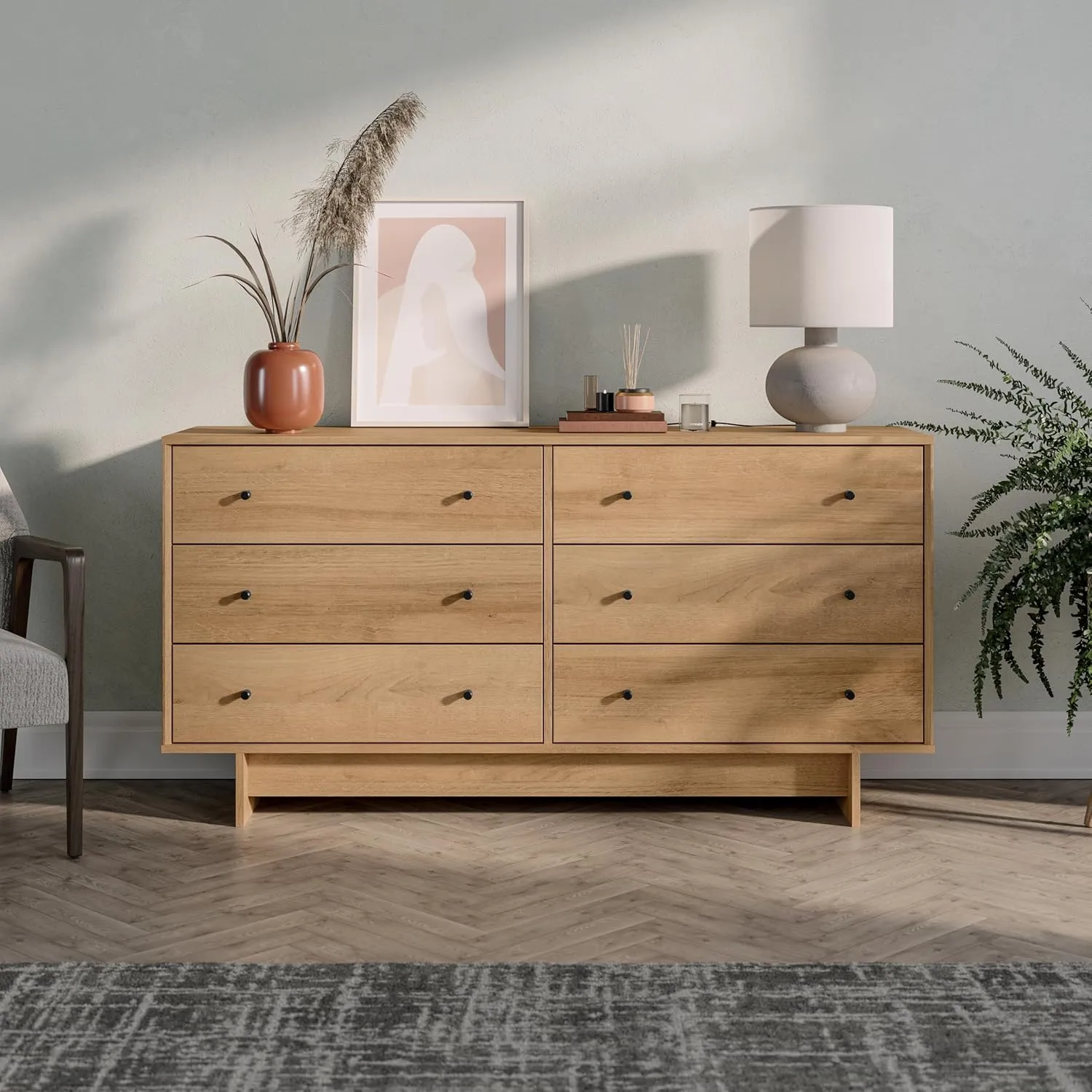 Prepac Finnley 6-Drawer Dresser in Natural Oak, Dresser for Bedroom, Extra-Wide Chest of Drawers with Storage, Modern Clothing Organizer for Home, Bedroom, Living Room, 16" D x 61" W x 31" H