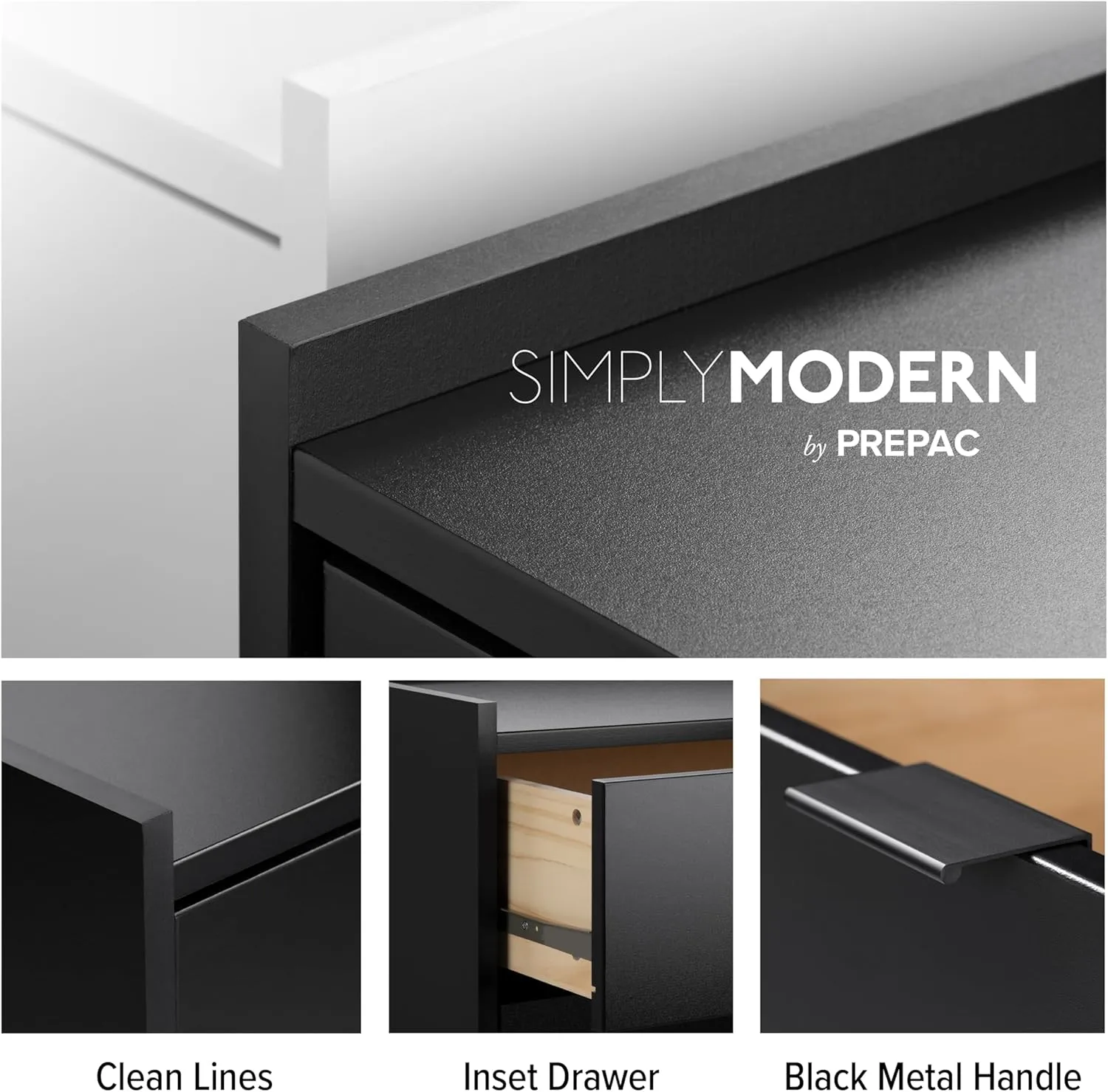 Prepac Simply Modern 6-Drawer Double Dresser for Bedroom, Chest of Drawers, Modern Bedroom Furniture, 52.5” wide x 16” deep x 29.5” tall, Black