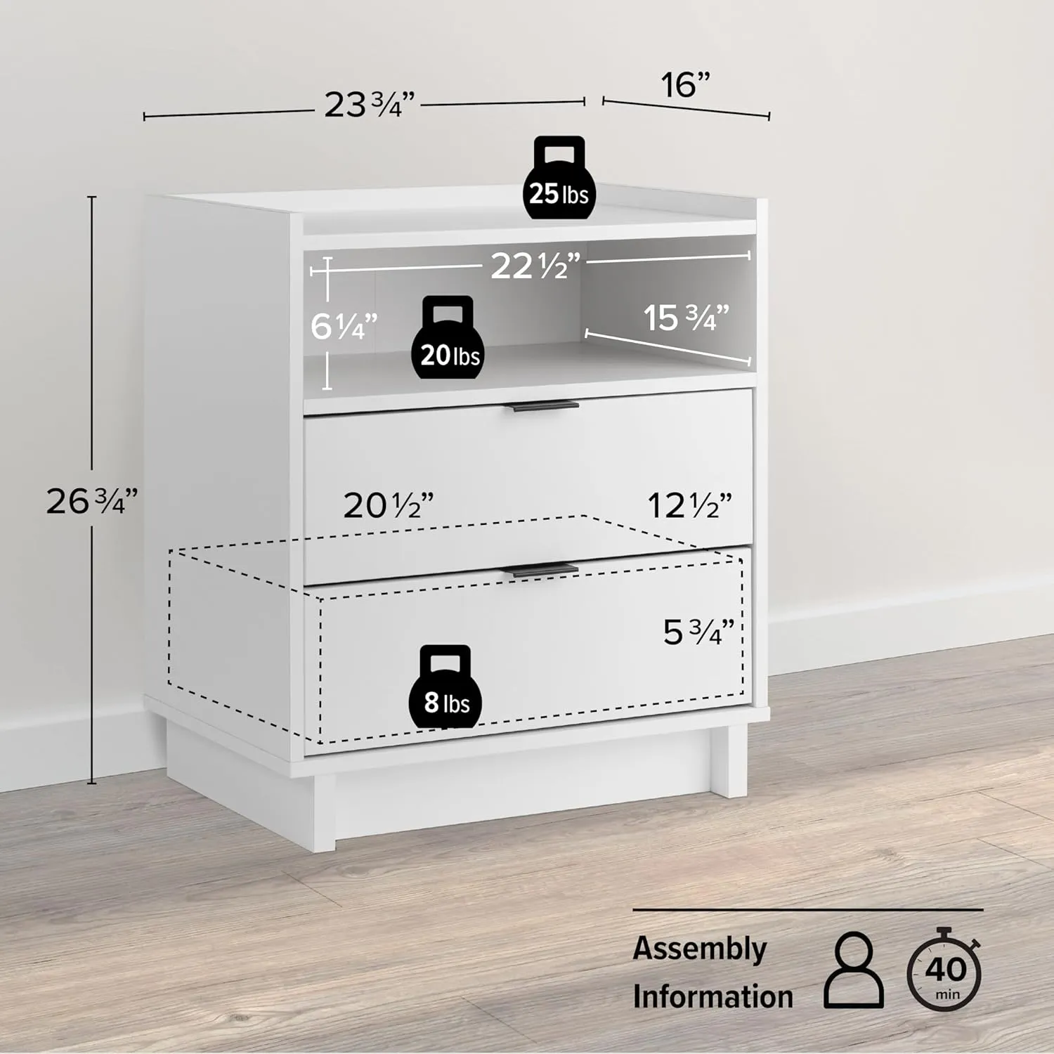 Prepac Simply Modern Nightstand Bedside Table, White Nightstand for Bedroom, End Table with 2 Drawers and Open Shelf 23.75" W x 26.75" H x 16" D