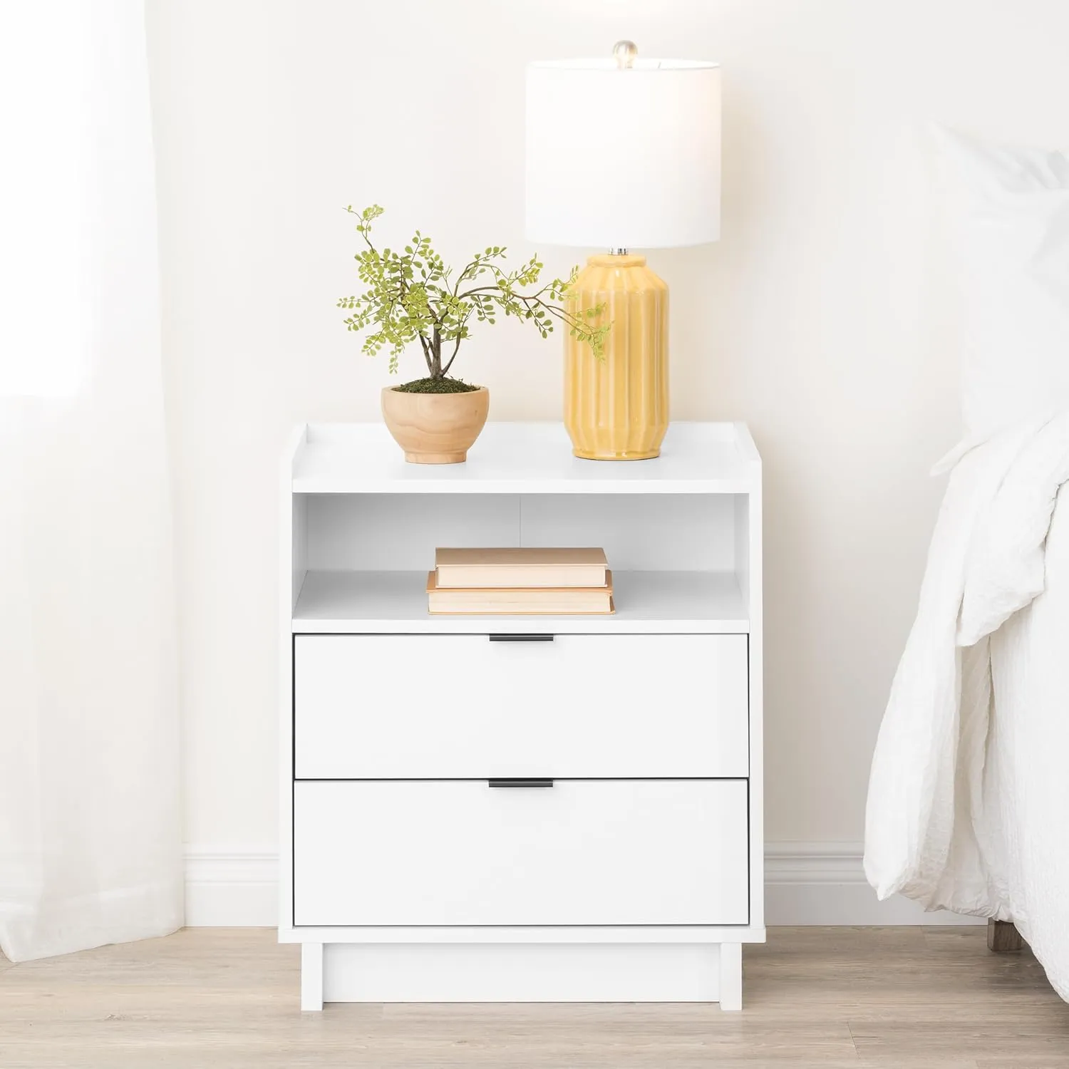 Prepac Simply Modern Nightstand Bedside Table, White Nightstand for Bedroom, End Table with 2 Drawers and Open Shelf 23.75" W x 26.75" H x 16" D