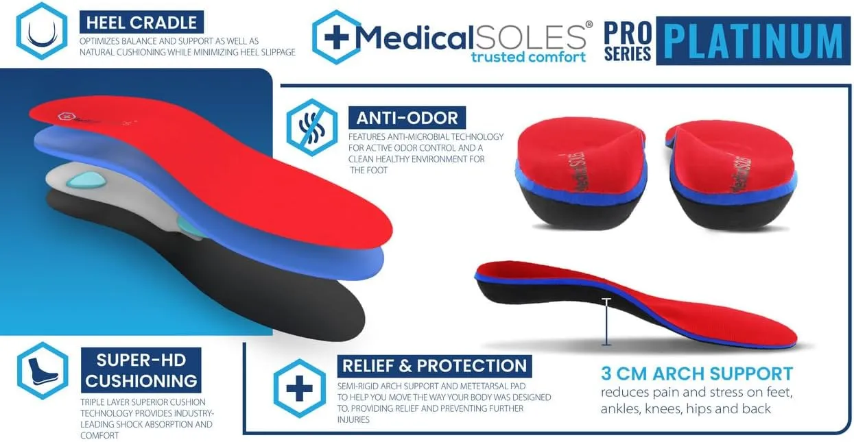 Pro Series Silver RX  Orthotic Unisex Insoles - Flexible Support with Recovery and Cushioning Technology for Pain Relief - Red, Men's 11 / Women's 13