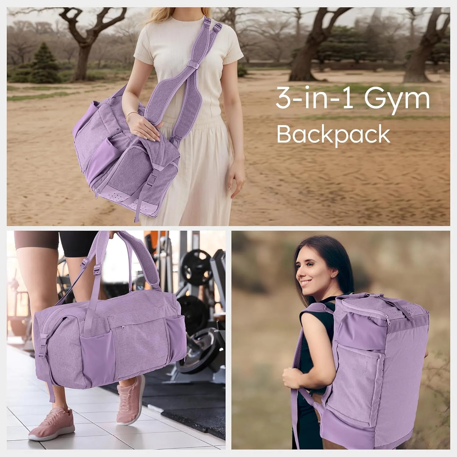 Purple Large Convertible Gym Bag & Backpack with 7 Compartments, Waterproof Shoe Compartment, Wet Pocket, 2 Bottle Holders & Trolley Sleeve - Women's Sports Duffel Bag