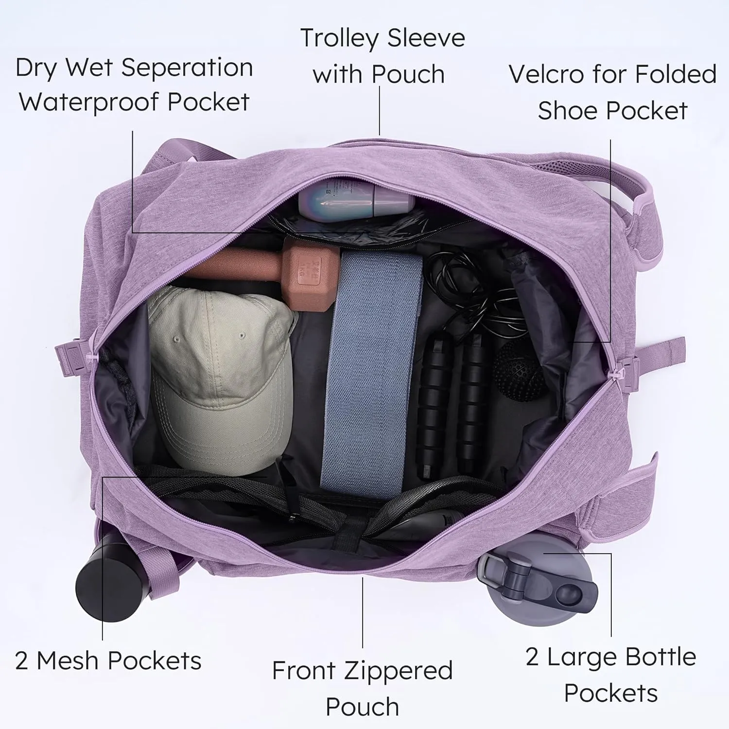 Purple Large Convertible Gym Bag & Backpack with 7 Compartments, Waterproof Shoe Compartment, Wet Pocket, 2 Bottle Holders & Trolley Sleeve - Women's Sports Duffel Bag