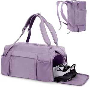 Purple Large Convertible Gym Bag & Backpack with 7 Compartments, Waterproof Shoe Compartment, Wet Pocket, 2 Bottle Holders & Trolley Sleeve - Women's Sports Duffel Bag
