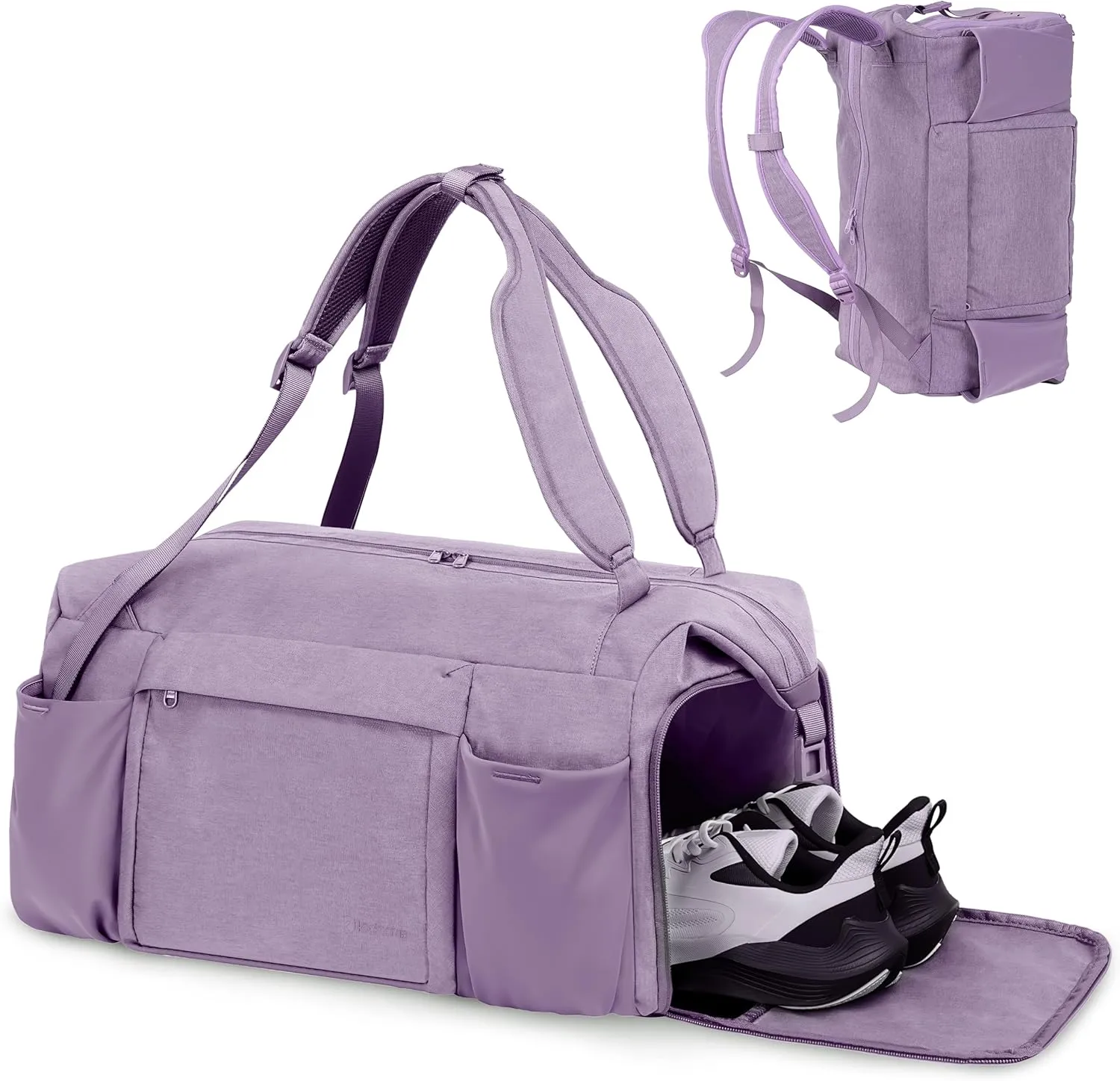 Purple Large Convertible Gym Bag & Backpack with 7 Compartments, Waterproof Shoe Compartment, Wet Pocket, 2 Bottle Holders & Trolley Sleeve - Women's Sports Duffel Bag