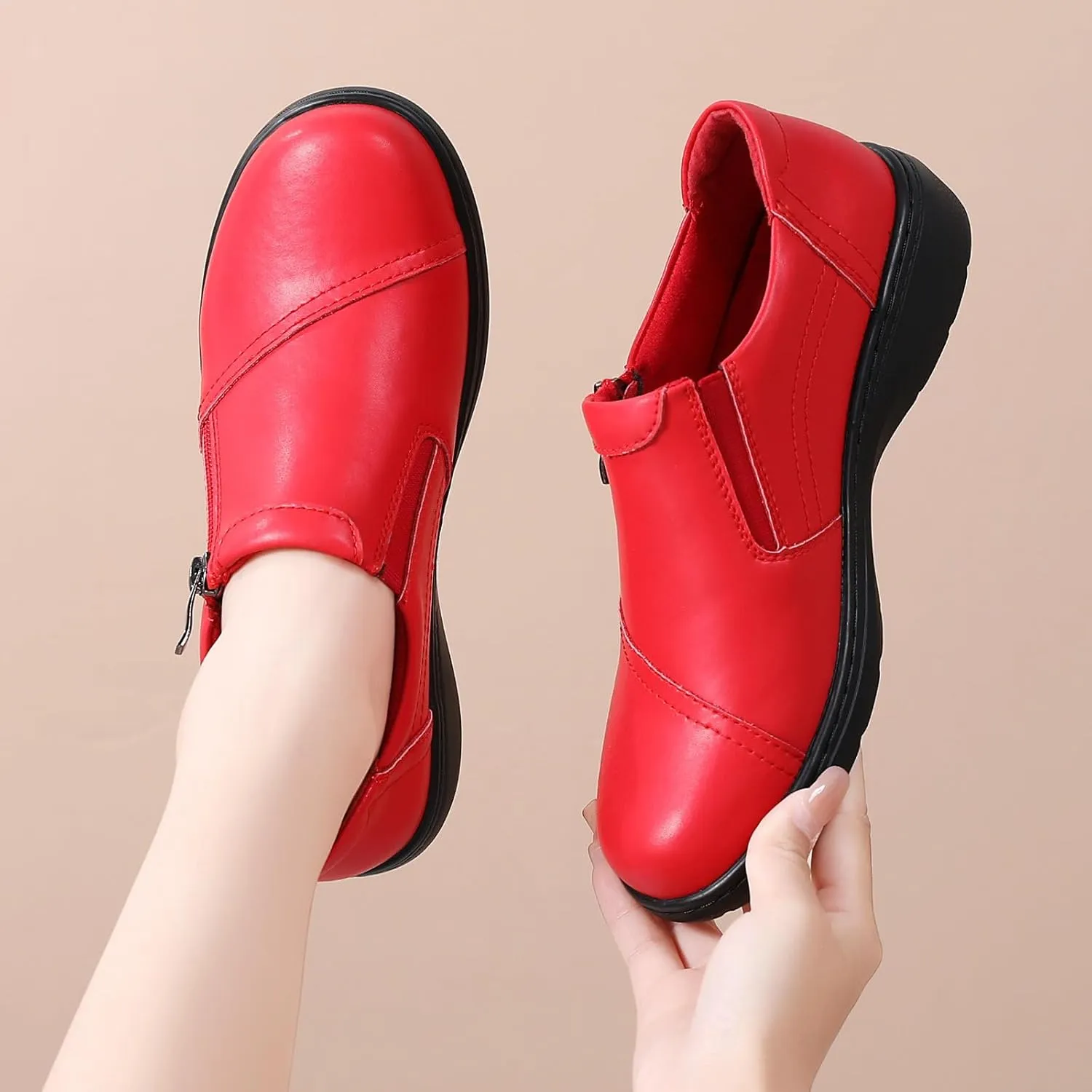QAE Loafers for Women Comfort Women's Penny Loafers with Zipper Orthopedic Lightweight Slip-On Flats Casual Work Dressy Walking Business Shoes