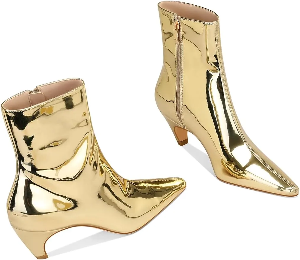 RAIZO Women's Metallic Kitten Heel Ankle Boots Pointed Toe Short Booties 2-inch Low Heel Dress Boots Fashion Booties