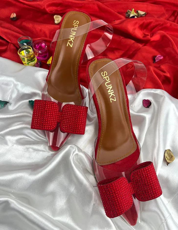 Red Romeo Crystal Embellished Shiny Bow Pointed Toe Heels-11085