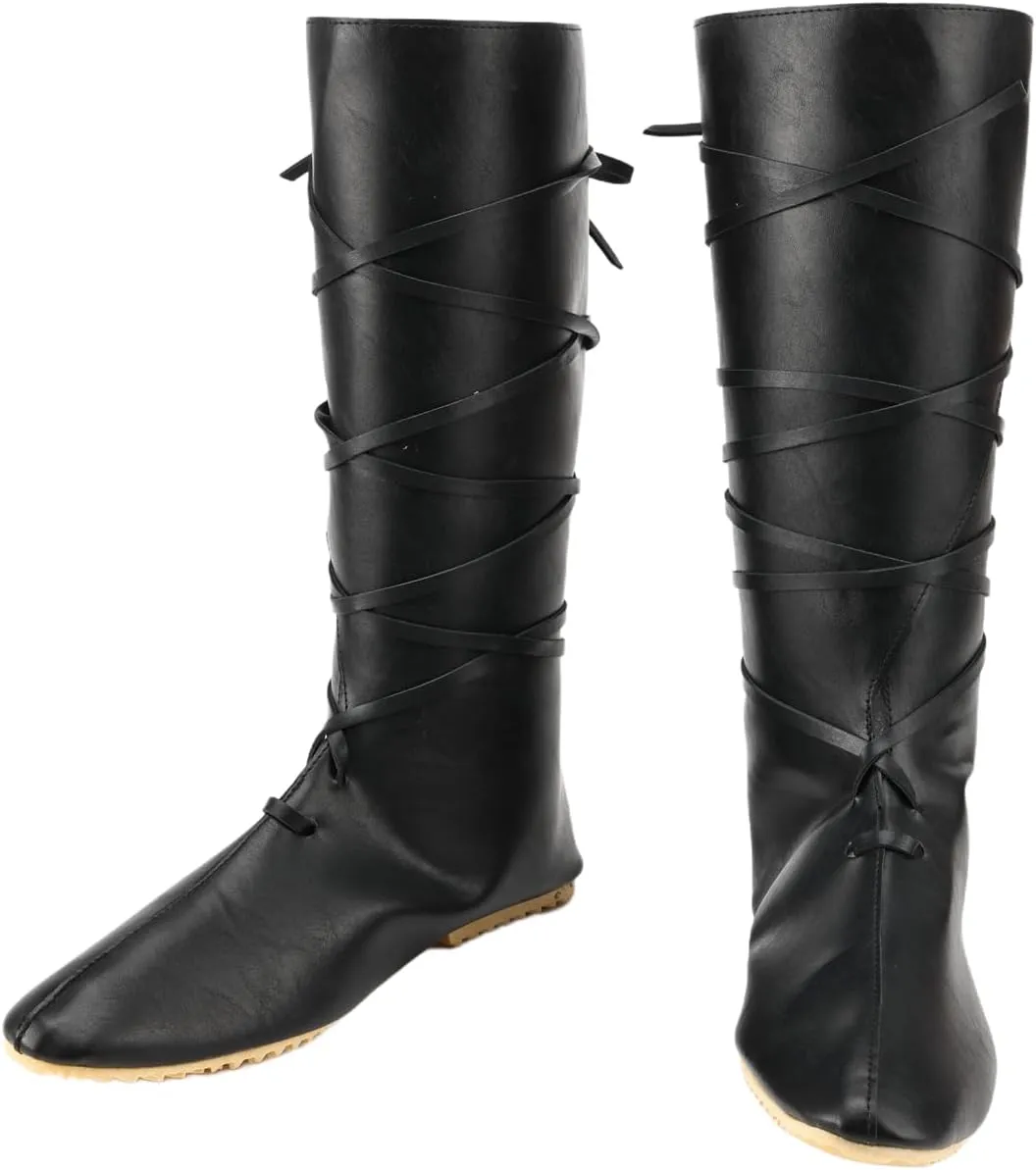 Renaissance Medieval Pirate Cosplay Halloween Boots Men Women PU Leather Mid Calf Lace Up Vintage Stage Viking Tied Shoes Boots