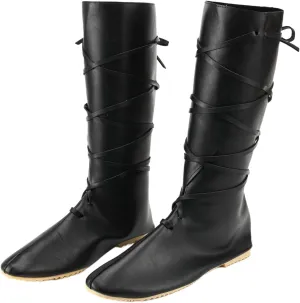 Renaissance Medieval Pirate Cosplay Halloween Boots Men Women PU Leather Mid Calf Lace Up Vintage Stage Viking Tied Shoes Boots