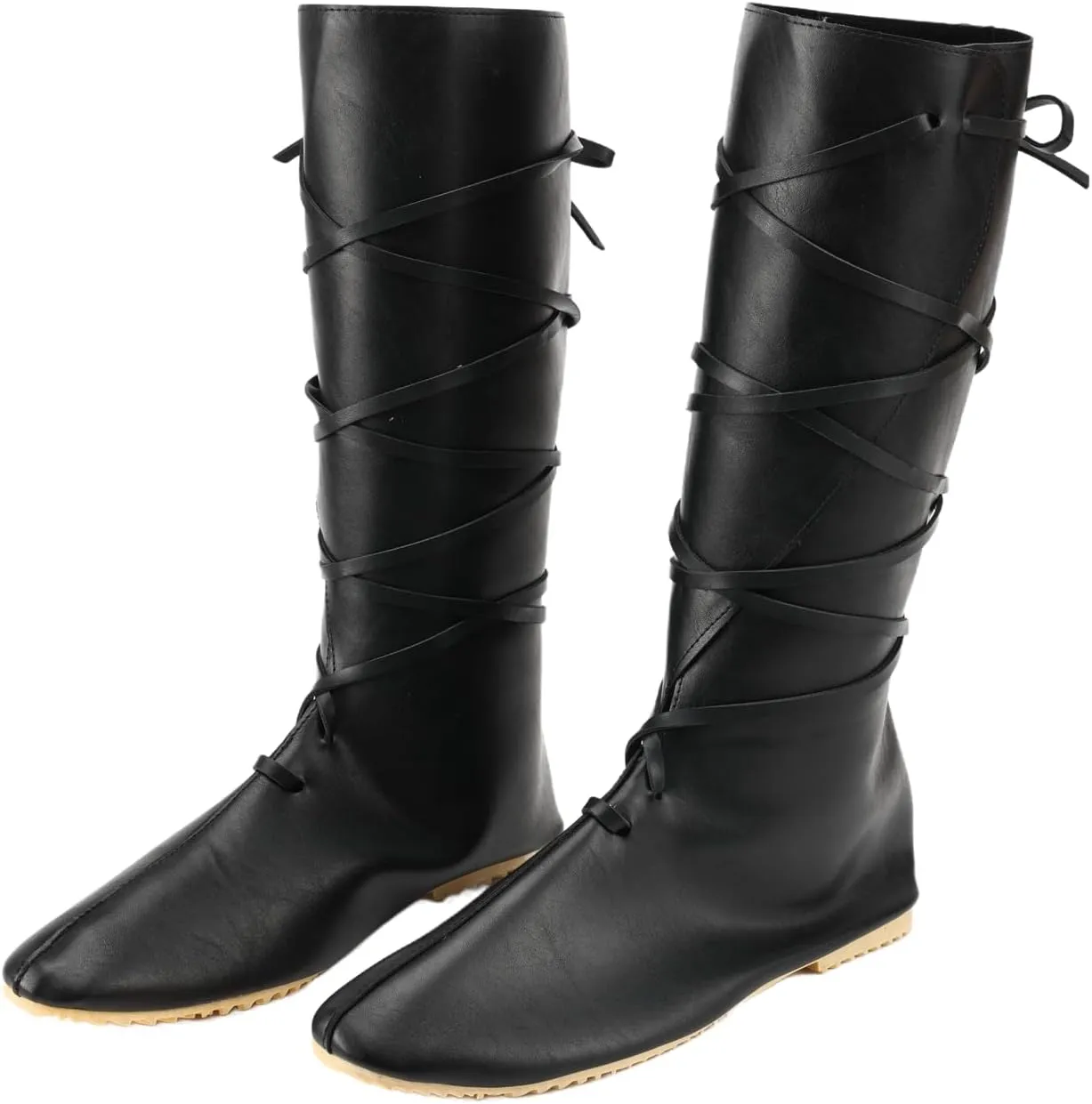 Renaissance Medieval Pirate Cosplay Halloween Boots Men Women PU Leather Mid Calf Lace Up Vintage Stage Viking Tied Shoes Boots