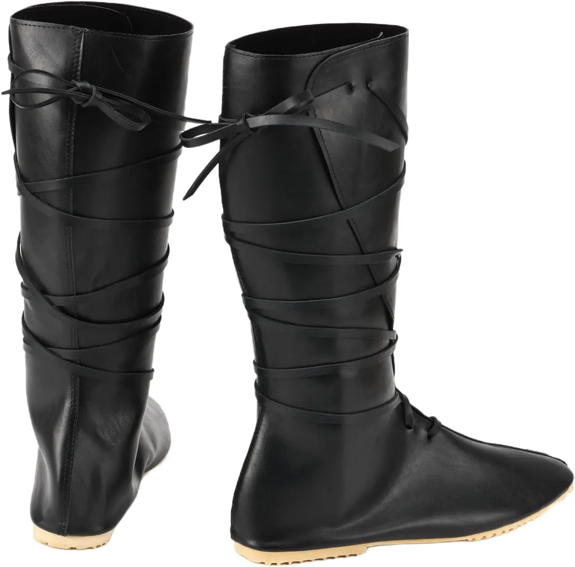 Renaissance Medieval Pirate Cosplay Halloween Boots Men Women PU Leather Mid Calf Lace Up Vintage Stage Viking Tied Shoes Boots