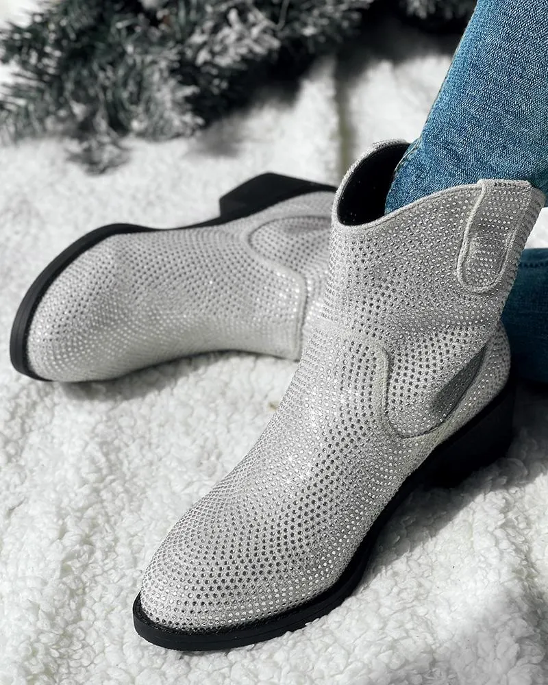 Rhinestone Decor Chunky Heel Ankle Boots