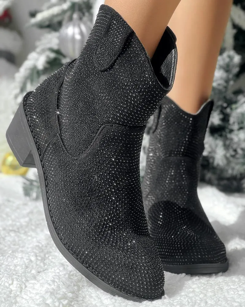 Rhinestone Decor Chunky Heel Ankle Boots